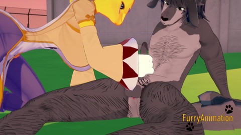 Taomon from Digimon gets it on with a black dog in 3D furry hentai adventure