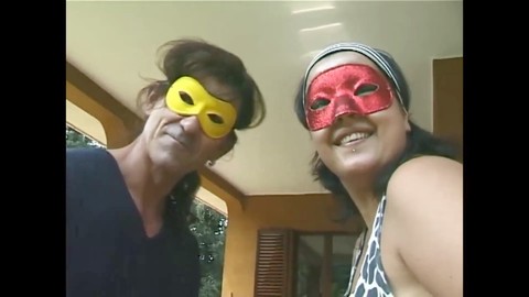 Mature amateur couple in masks fucks outdoors, anal sex and cum in mouth